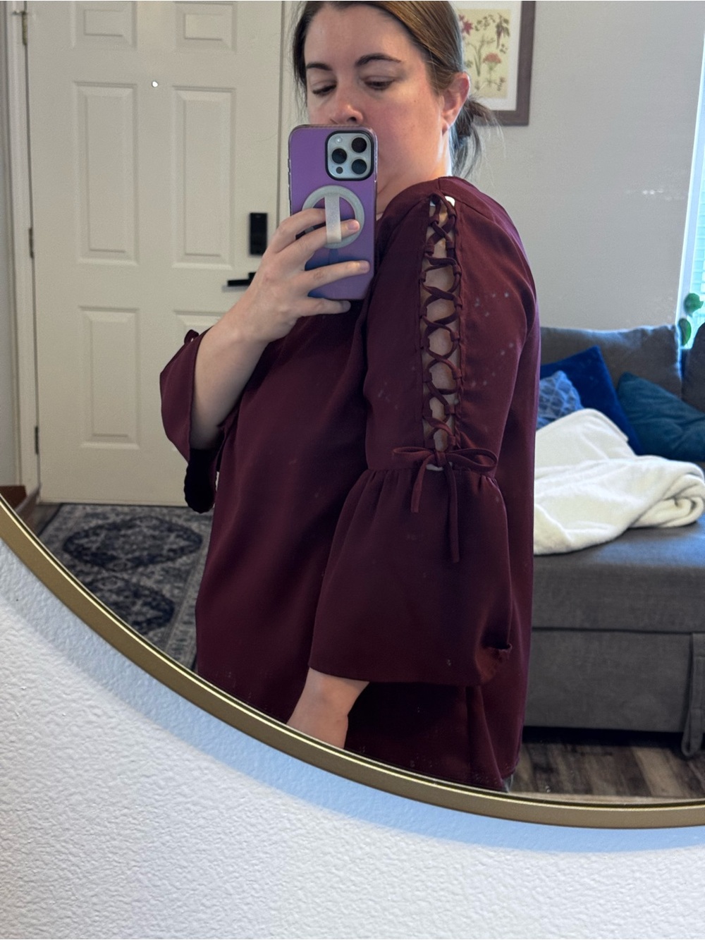 Time and Tru Burgundy Lace Up Sleeve Blouse Size L 12-14 Plum Bell Sleeve Boho⁠